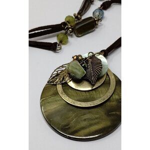 Boho Chic Layered Pendant Rawhide Necklace Natural Beads Leaf‎ Charms